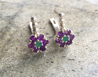 Flower Earrings, Amethyst Earrings, Natural Amethyst, Purple Flower, Emerald Earrings, Natural Emerald, February Birthstone, Pure Silver