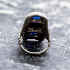 Long Artistic Ring, Blue Sandstone Ring, Tribal Ring, Statement Ring, Sagittarius Ring, Silver Ring, Blue Sand Stone, Created Sapphire image 10