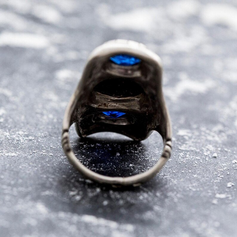 Long Artistic Ring, Blue Sandstone Ring, Tribal Ring, Statement Ring, Sagittarius Ring, Silver Ring, Blue Sand Stone, Created Sapphire image 10