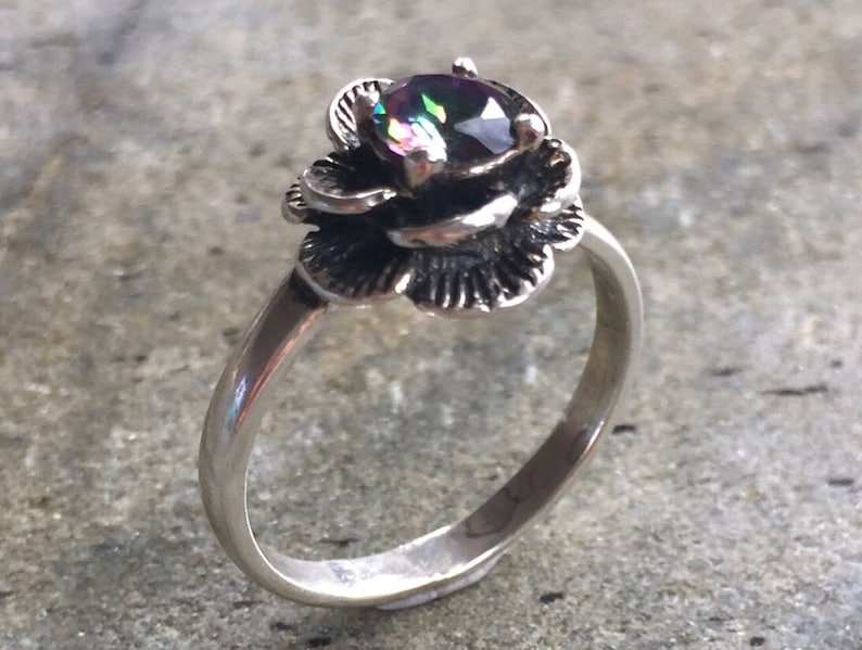 Flower Ring, Mystic Topaz Ring, Natural Topaz, Vintage Flower Ring, Topaz Flower Ring, December Birthstone, Solid Silver Ring, Silver Flower image 1