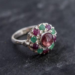 Pink Tourmaline Ring, Natural Emerald Ring, Natural Ruby Ring, Vintage Silver Ring, Victorian Ring, Pink Vintage Ring, Pink Tourmaline, Ruby image 3