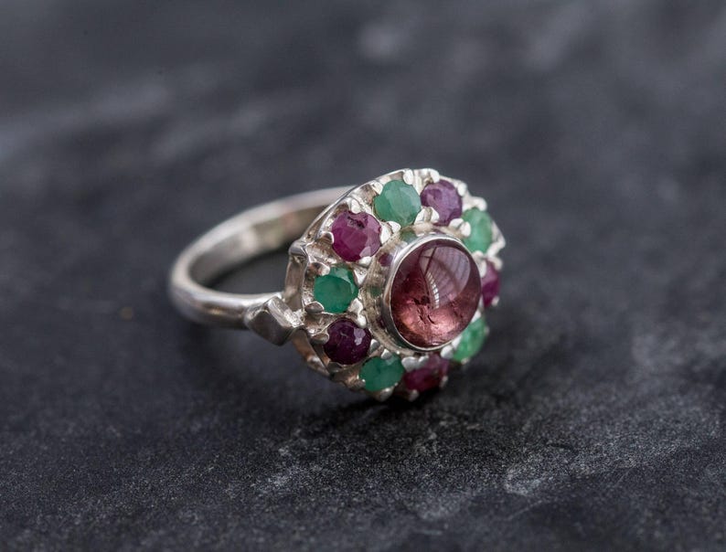Pink Tourmaline Ring, Natural Emerald Ring, Natural Ruby Ring, Vintage Silver Ring, Victorian Ring, Pink Vintage Ring, Pink Tourmaline, Ruby image 3