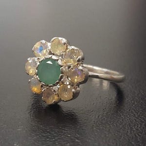 Flower Ring, Natural Emerald Ring, Natural Opal Ring, Vintage Flower Ring, October Birthstone, May Birthstone, Daisy Ring, 925 Silver Ring image 3