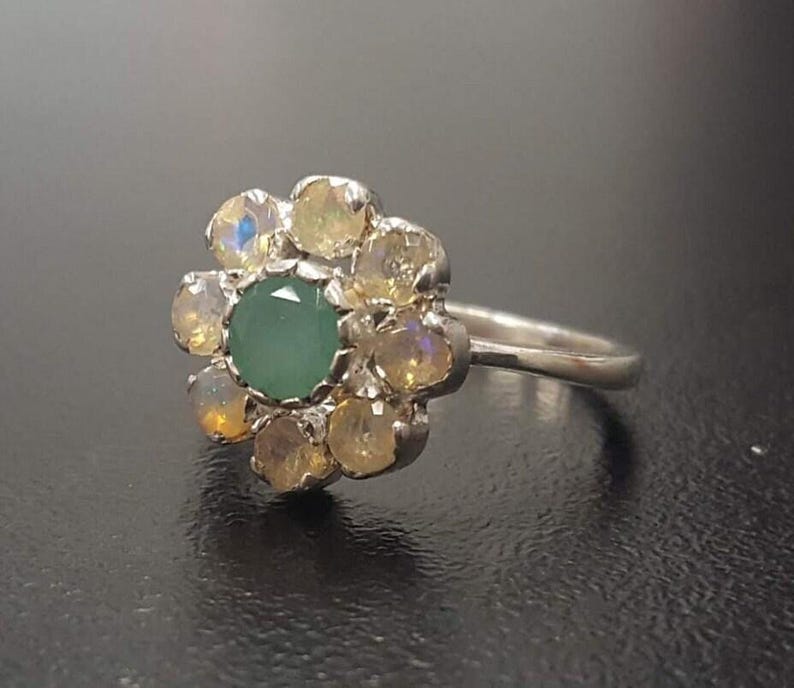 Flower Ring, Natural Emerald Ring, Natural Opal Ring, Vintage Flower Ring, October Birthstone, May Birthstone, Daisy Ring, 925 Silver Ring image 3