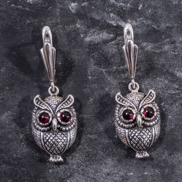 Owl Earrings, Silver Owl Earrings, Garnet Earrings, Artistic Earrings, Garnet Eyes, Natural Garnet, January Birthstone, Silver Earrings