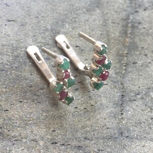 Emerald Earrings, Natural Emerald, Natural Ruby, Red and Green, Vintage Earrings, May Birthstone, July Birthstone, Antique, Solid Silver image 7