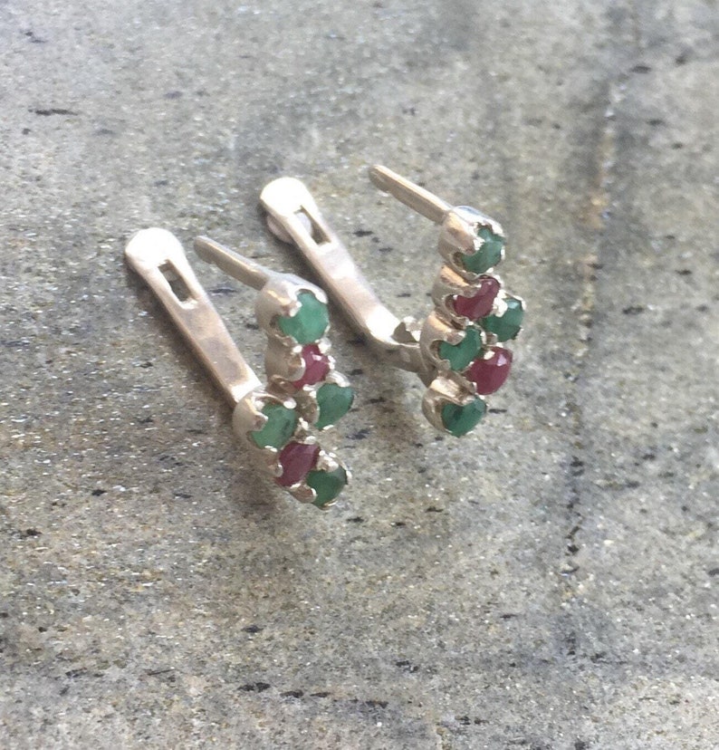 Emerald Earrings, Natural Emerald, Natural Ruby, Red and Green, Vintage Earrings, May Birthstone, July Birthstone, Antique, Solid Silver image 7