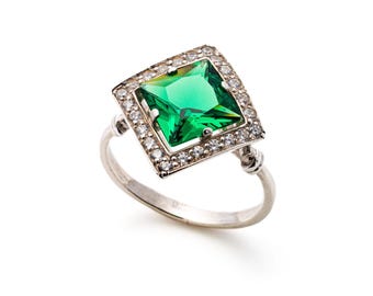 Emerald Ring, Emerald Engagement Ring, Created Emerald Ring, Vintage Emerald Ring, Vintage Ring, Antique Emerald Ring, Antique Ring, Silver