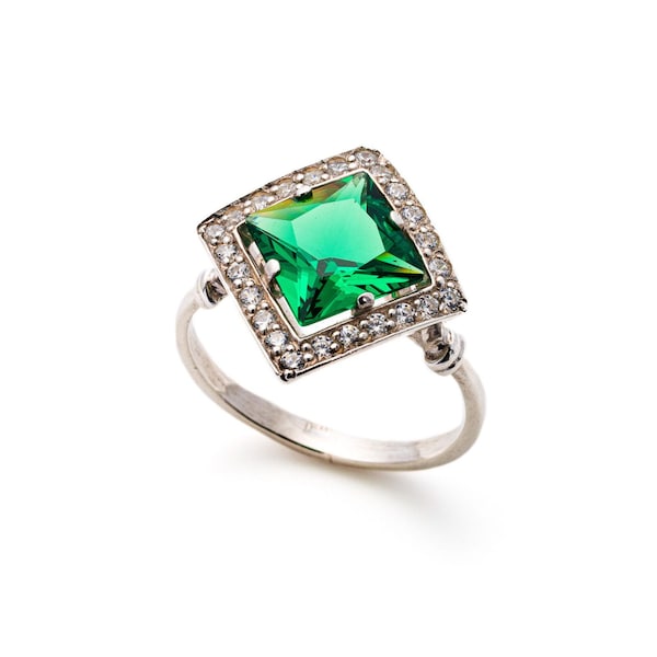 Emerald Ring, Emerald Engagement Ring, Created Emerald Ring, Vintage Emerald Ring, Vintage Ring, Antique Emerald Ring, Antique Ring, Silver