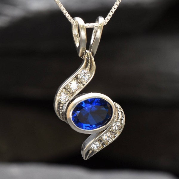Vintage Sapphire Necklace, Sapphire Pendant, Delicate Sapphire Pendant, Mother's Day Gift, Anniversary Gift, 925 Sterling Silver Pendant