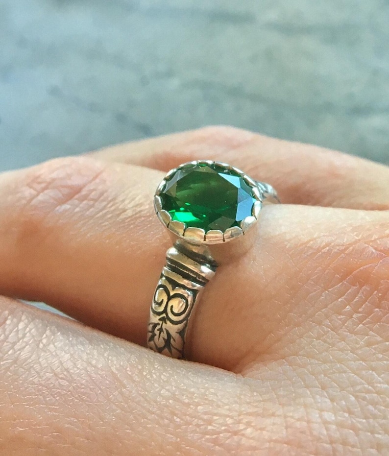 Tribal Ring, Emerald Ring, Created Emerald, Green Vintage Ring, Green Diamond Ring, Sparkly Ring, Green Emerald Ring, Sterling Silver Ring image 2