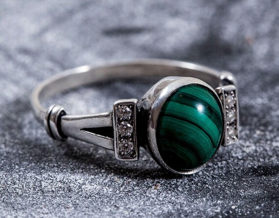 Bague Ancienne En Argent 925 Et Malachite - Taille 50 Occasion - Pierre Ambre Et Malachite