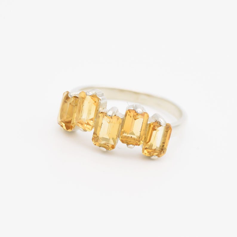 Emerald Cut Ring, Natural Citrine, Baguette Band, Half Eternity Band, November Birthstone, Asymmetric Ring, Yellow Ring, Solid Silver Ring image 10