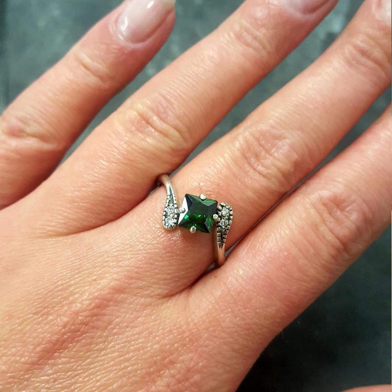 Emerald Ring, Created Emerald, Vintage Ring, Dainty Ring, Engagement Ring, Square Ring, Asymmetric Ring, Green Ring, Solid Silver Ring image 8