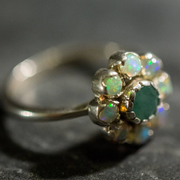 Emerald Ring, Opal Ring, Natural Emerald Ring, Natural Opal Ring, Vintage flower Ring, October Birthstone, May Birthstone, Solid Silver Ring