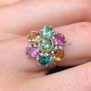 Flower Ring, Natural Tourmaline, Tourmaline Ring, October Birthstone, Daisy Ring, Large Ring, Statement Ring, Pink Tourmaline, Silver Ring