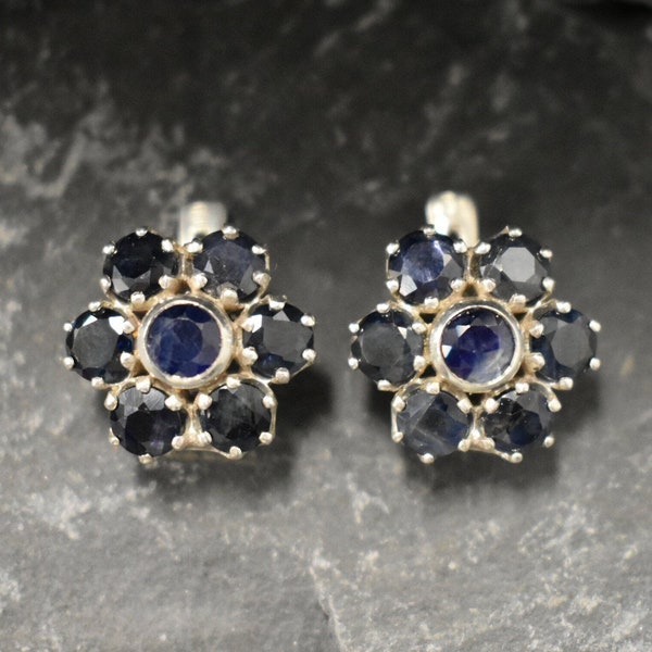 Sapphire Flower Earrings, Natural Sapphire, Large Stud Earrings, September Birthstone, Blue Flower Studs, Heavy Studs, Solid Silver Earrings