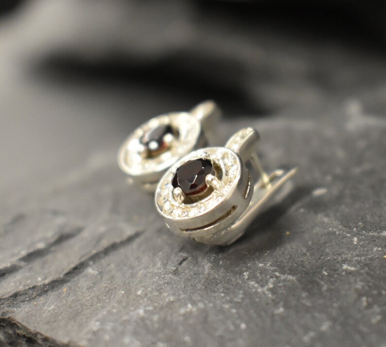 Natural Garnet January Birthstone Red Diamond Earrings Red Garnet Earrings Solid Silver Earrings Red Vintage Earrings Garnet Earrings
