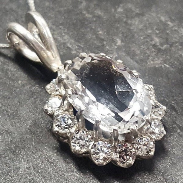 Diamond Pendant, Princess Diana Pendant, Natural Topaz, Royal Jewelry, Pure Silver, White Topaz Pendant, 10 Carats, Silver Pendant, Pendant