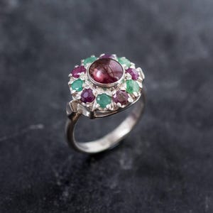 Pink Tourmaline Ring, Natural Emerald Ring, Natural Ruby Ring, Vintage Silver Ring, Victorian Ring, Pink Vintage Ring, Pink Tourmaline, Ruby image 10