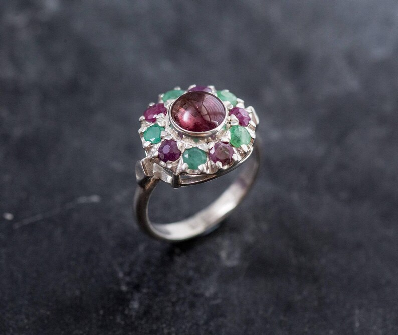 Pink Tourmaline Ring, Natural Emerald Ring, Natural Ruby Ring, Vintage Silver Ring, Victorian Ring, Pink Vintage Ring, Pink Tourmaline, Ruby image 10