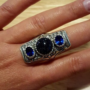 Long Artistic Ring, Blue Sandstone Ring, Tribal Ring, Statement Ring, Sagittarius Ring, Silver Ring, Blue Sand Stone, Created Sapphire image 9