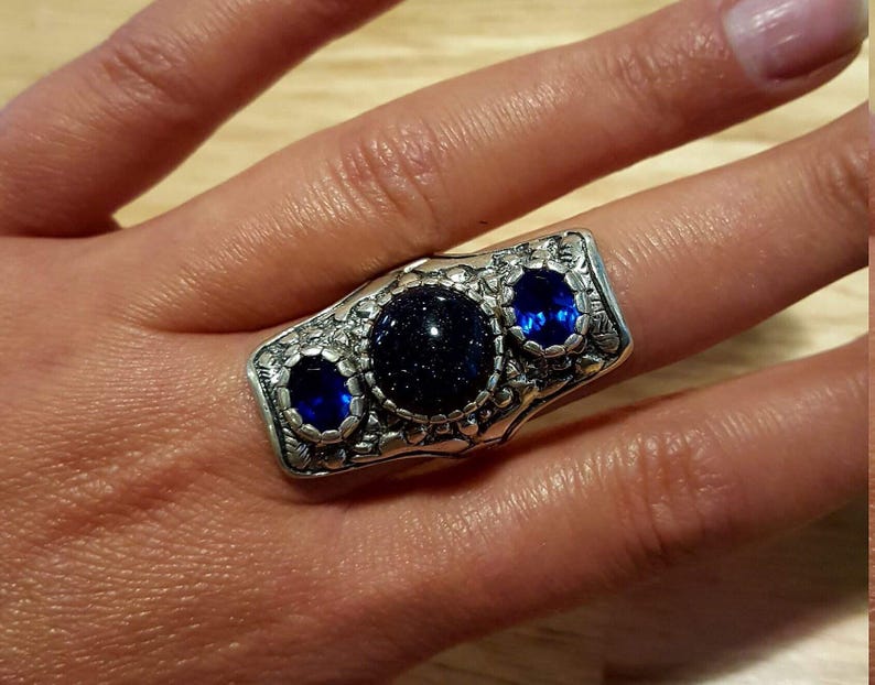 Long Artistic Ring, Blue Sandstone Ring, Tribal Ring, Statement Ring, Sagittarius Ring, Silver Ring, Blue Sand Stone, Created Sapphire image 9