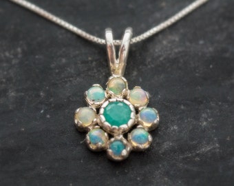 Flower Pendant, Natural Emerald, Natural Opal, Vintage Pendant, Dainty Necklace, October and May Birthstone, Daisy Pendant, Silver Pendant