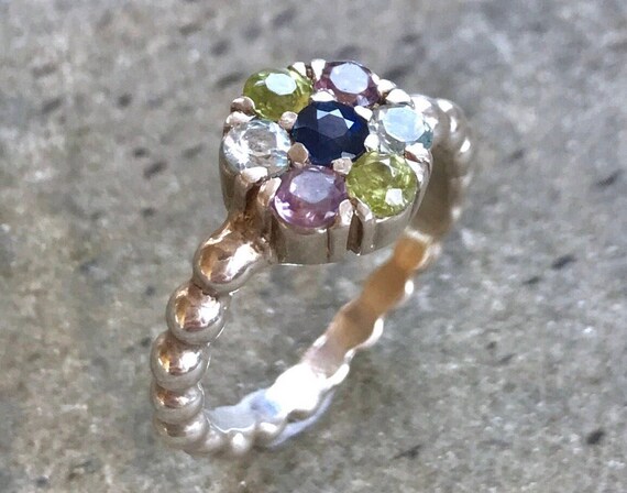 Bague fleur bague saphir saphir naturel topaze bleue amethyste peridot bague septembre bague unique bague en argent massif saphir Etsy France
