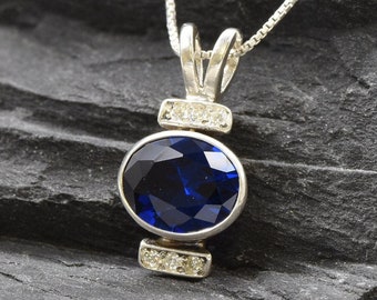 Sapphire Pendant, Vintage Necklace, Created Sapphire, Sapphire Necklace, Victorian Necklace, 925 Silver Necklace, Oval Blue Sapphire Pendant