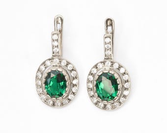 Emerald Earrings, Created Emerald, Antique Earrings, Vintage Earrings, Antique Emerald Earrings, Silver Earrings, Green Vintage Earrings