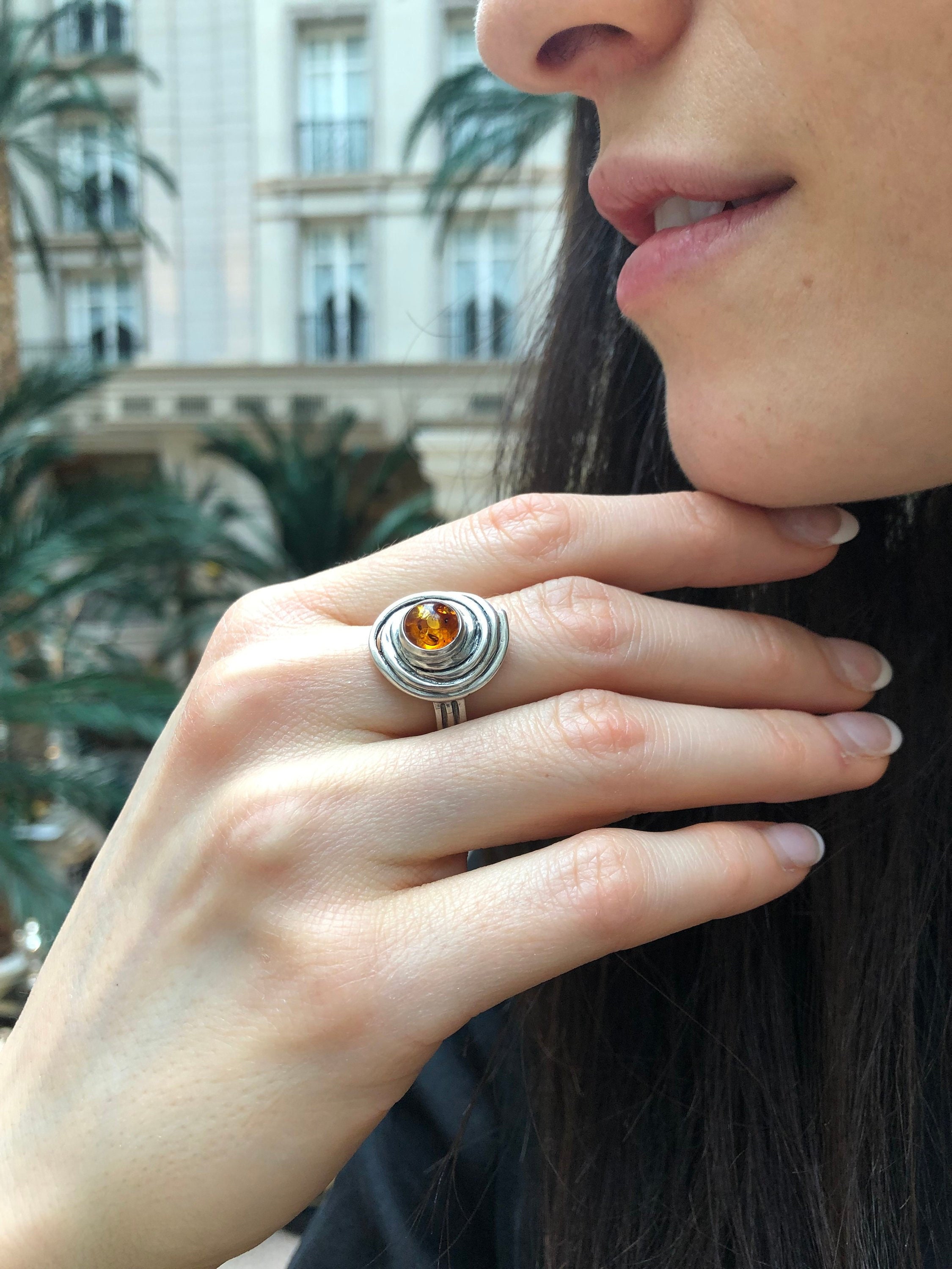 Swirl Ring Natural Amber Solitaire Ring Vintage Ring 