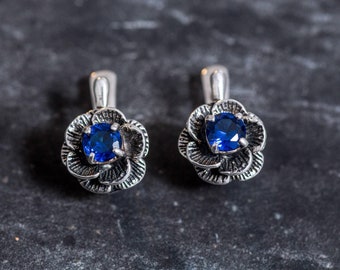 Sapphire Earrings, Created Sapphire, Flower Earrings, Vintage Earrings, Sapphire Flower Earrings, Blue Earrings, Stud Earrings, Sapphire