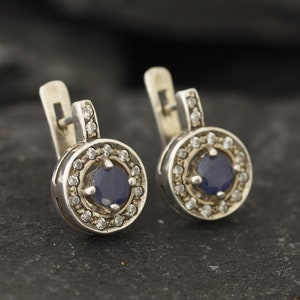 Natural Sapphire Earrings, Natural Sapphire, September Birthstone, Vintage Earrings, Sapphire Earrings, Round Earrings, 925 Silver, Sapphire image 6