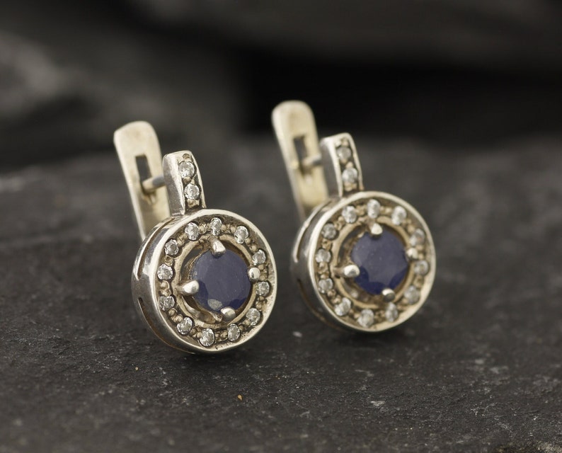 Natural Sapphire Earrings, Natural Sapphire, September Birthstone, Vintage Earrings, Sapphire Earrings, Round Earrings, 925 Silver, Sapphire image 6