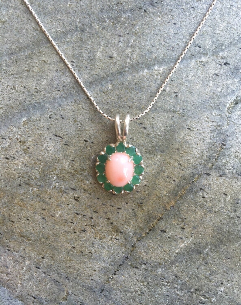 Emerald Pendant, Natural Emerald, Natural Coral, Coral Pendant, Pink Coral, May Birthstone, Angel Skin Coral, Vintage Pendant, Victorian image 8