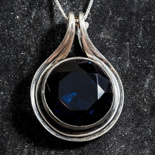 Large Sapphire Pendant, Sapphire Pendant, Vintage Pendant, Created Sapphire, Blue Sapphire, Unique Pendant, Solid Silver Pendant, Sapphire