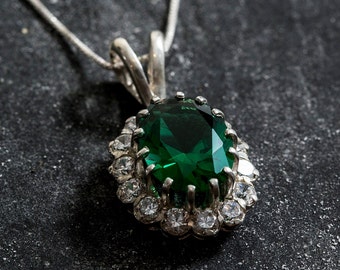 Emerald Pendant, Princess Di Pendant, Vintage Pendants, Created Emerald Pendant, CZ Diamonds, Solid Silver Pendant, Green Pendant, Emerald