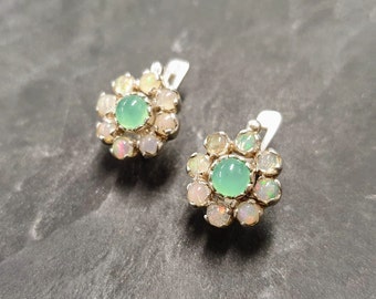 Flower Earrings, Opal Earrings, Chrysoprase Earrings, May Earrings, Vintage Flower Earrings, Opal Studs, October Birthstone, Silver Earrings