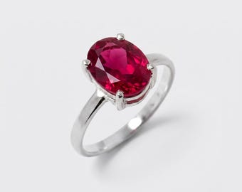 Red Ruby Ring, Created Ruby, Ruby Oval Ring, Solitaire Ruby Ring, Silver Ruby Ring, July Birthstone Ring, Red Gemstone Ring, Gift For Mom