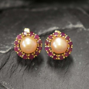Gold Victorian Earrings, Natural Pearl Earrings, Peach Pearl Earrings, June Birthstone, Victorian Pearl Earrings, 925 Silver Earrings, Ruby
