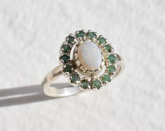 Victorian Opal Ring, Natural Precious Opal, Emerald Ring, October Birthstone, May Birthstone, Vintage Ring, Dainty Ring, Solid Silver Ring