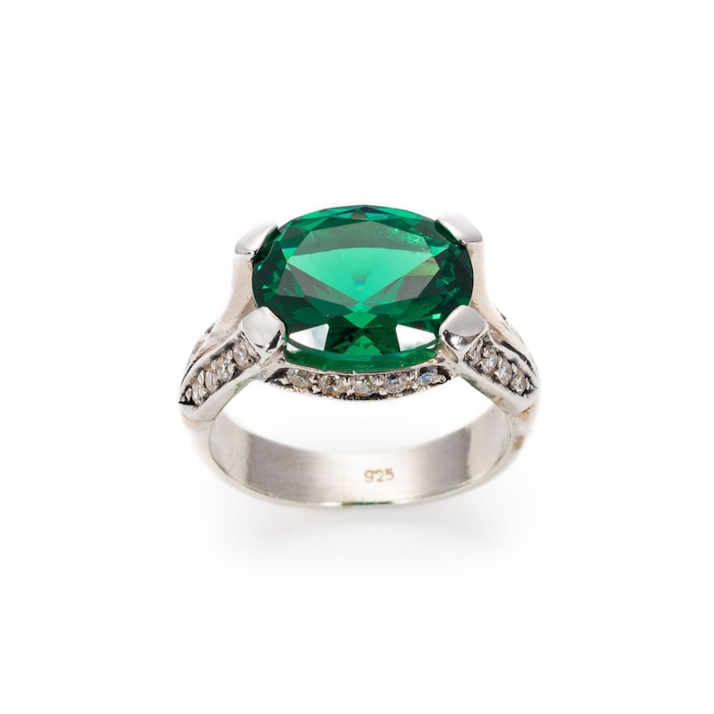 Anillo de esmeralda, anillo de esmeralda vintage, anillo verde esmeralda, esmeralda creada, anillos vintage, anillo de plata vintage, anillo horizontal, gema horizontal imagen 3