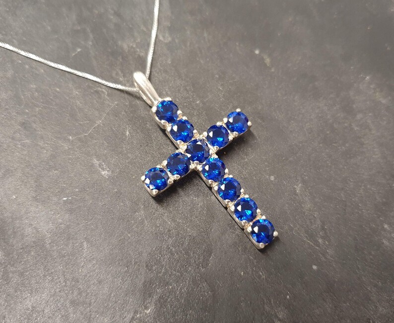 Cross Pendant Symbolic Pendant Sapphire Pendant Vintage Cross Pendant Blue Cross Necklace Created Sapphire Solid Silver Pendant