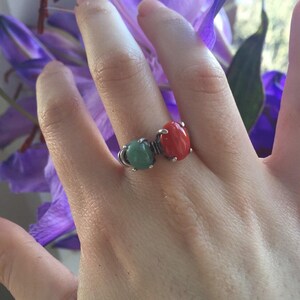 Red Coral Ring, Emerald Ring, Two Stone Ring, Natural Emerald, Vintage Ring, May Birthstone, Bohemian Ring, 925 Silver Ring, Natural Coral image 7
