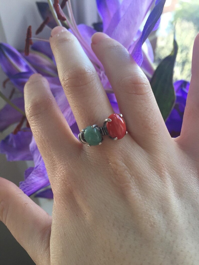 Red Coral Ring, Emerald Ring, Two Stone Ring, Natural Emerald, Vintage Ring, May Birthstone, Bohemian Ring, 925 Silver Ring, Natural Coral image 7