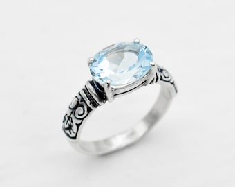 Blue Topaz Ring, Natural Blue Topaz, Blue Horizontal Ring, December Birthstone, Tribal Boho Ring, Vintage Topaz Ring, For Her, Adina Stone