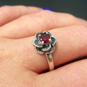 Flower Ruby Ring, Created Ruby, Red Ruby Ring, Silver Flower Ring, Red Vintage Ring, Solitaire Ring, Red Rose Ring, 925 Sterling Silver Ring