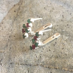 Emerald Earrings, Natural Emerald, Natural Ruby, Red and Green, Vintage Earrings, May Birthstone, July Birthstone, Antique, Solid Silver image 3