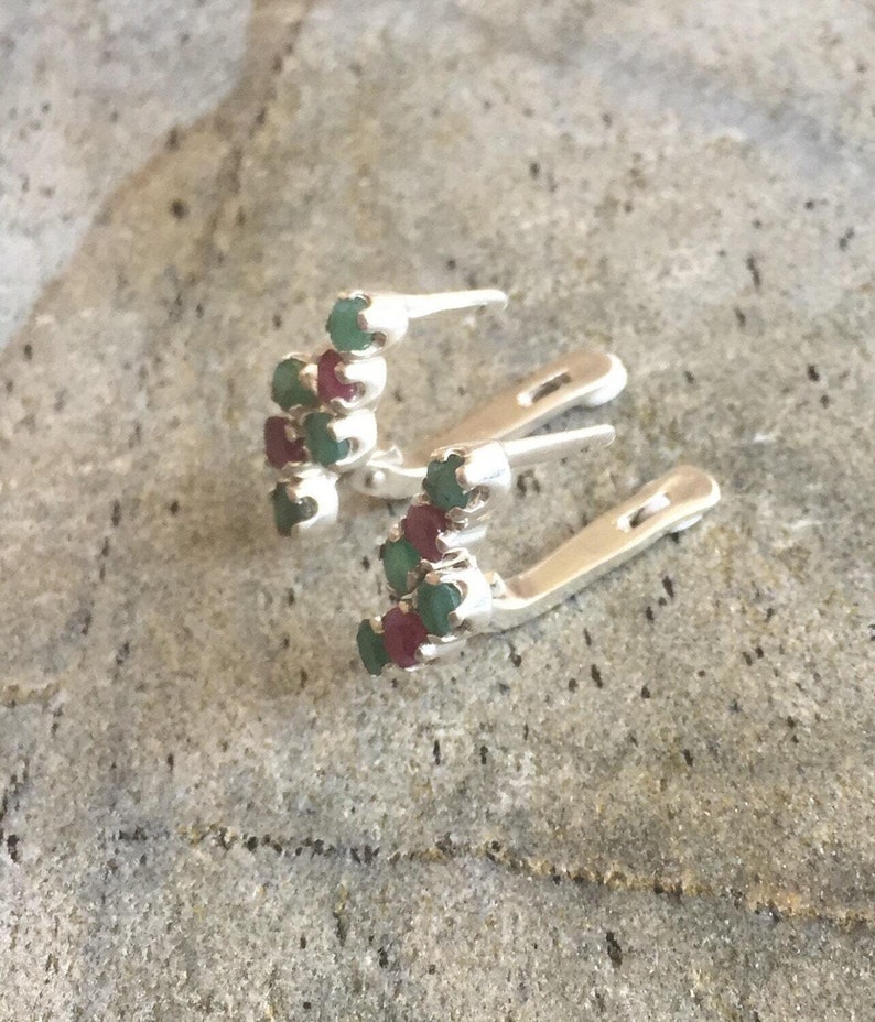 Emerald Earrings, Natural Emerald, Natural Ruby, Red and Green, Vintage Earrings, May Birthstone, July Birthstone, Antique, Solid Silver image 3
